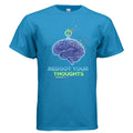 Obsidian Code Reboot Your Thoughts Tee in blue featuring a brain graphic and colorful text design.