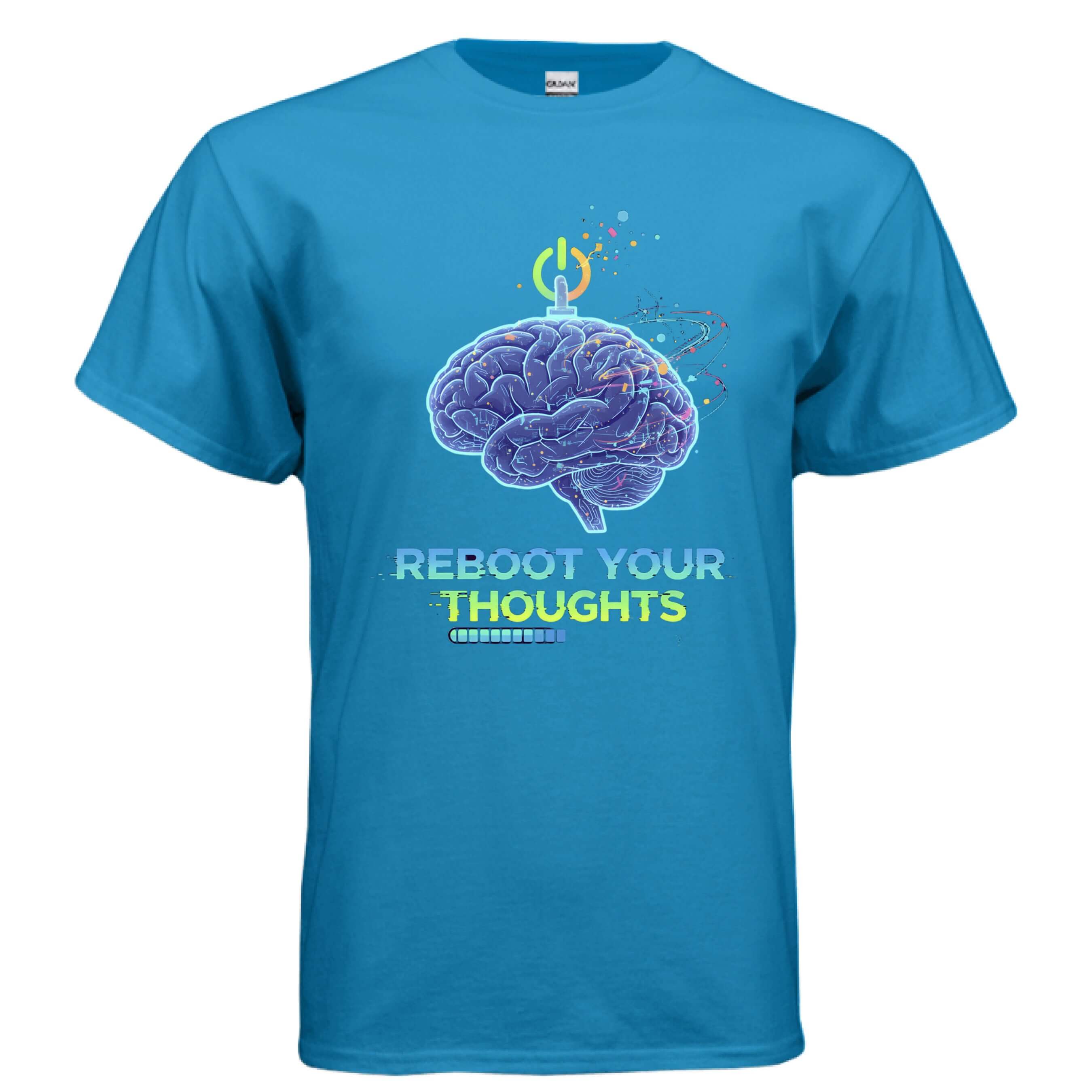Obsidian Code Reboot Your Thoughts Tee in blue featuring a brain graphic and colorful text design.