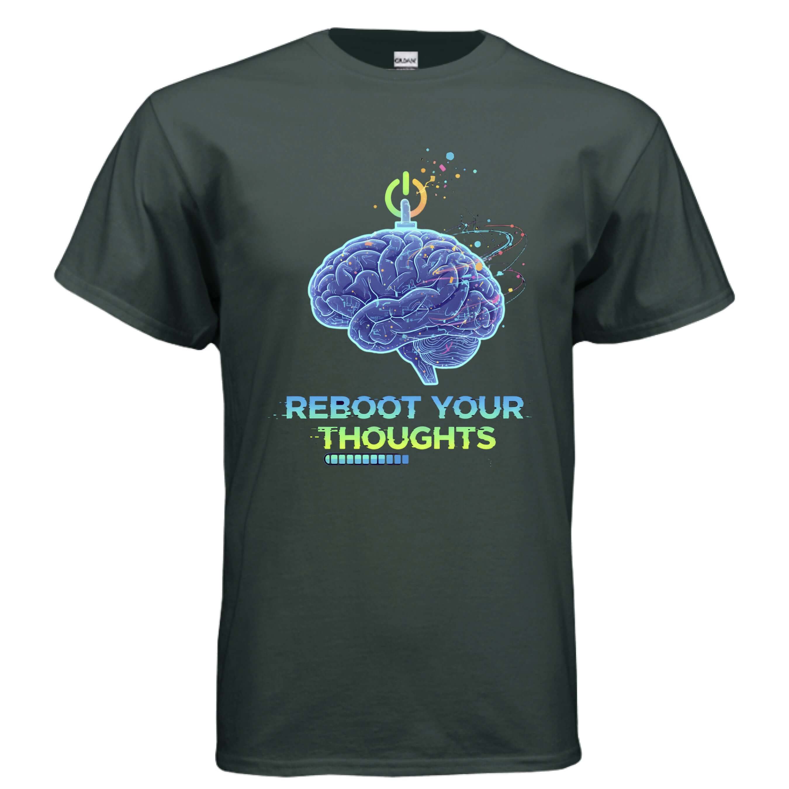 Obsidian Code Reboot Your Thoughts Tee featuring a graphic of a brain and vibrant colors on a beige shirt.