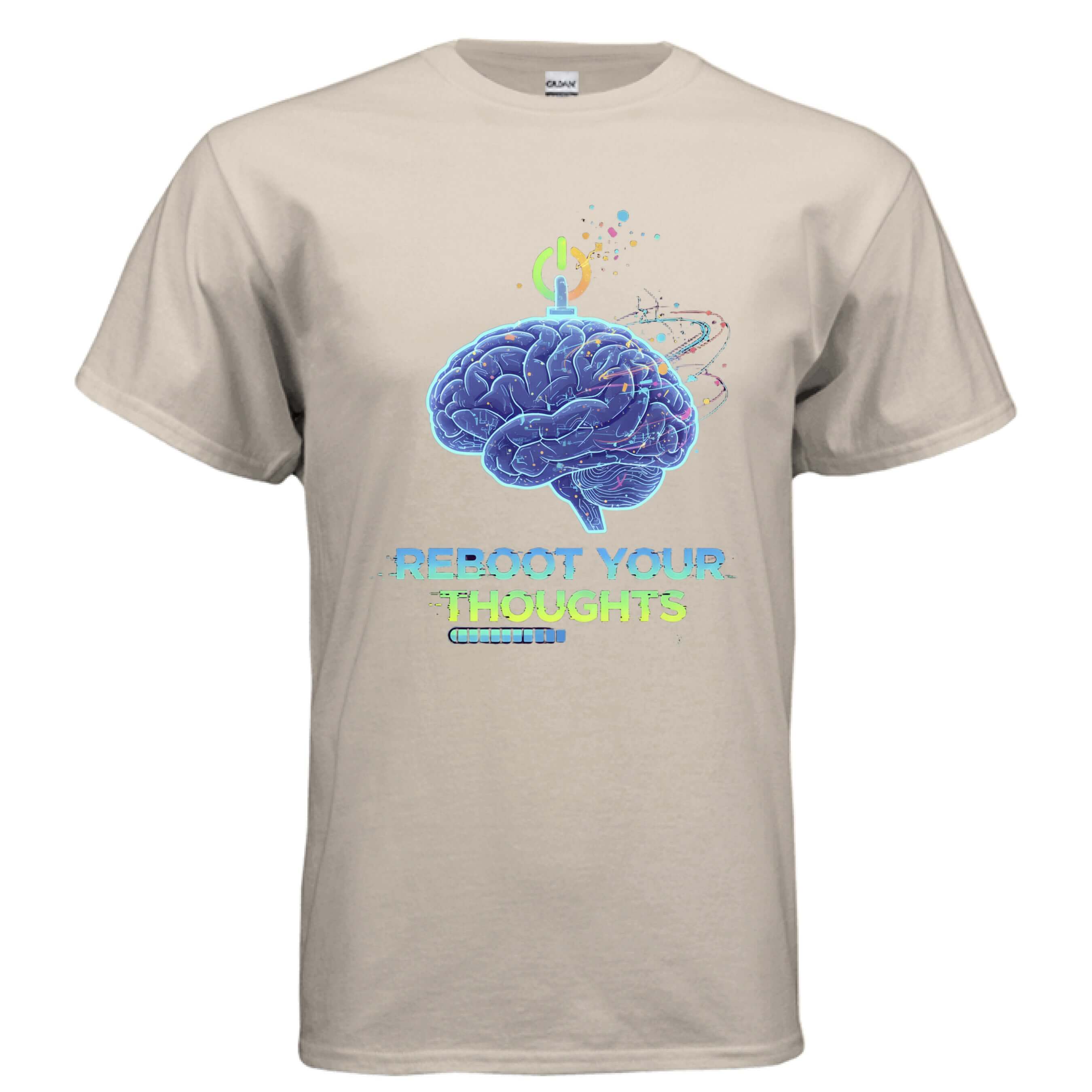 Obsidian Code Reboot Your Thoughts Tee featuring a graphic of a brain and vibrant colors on a beige shirt.