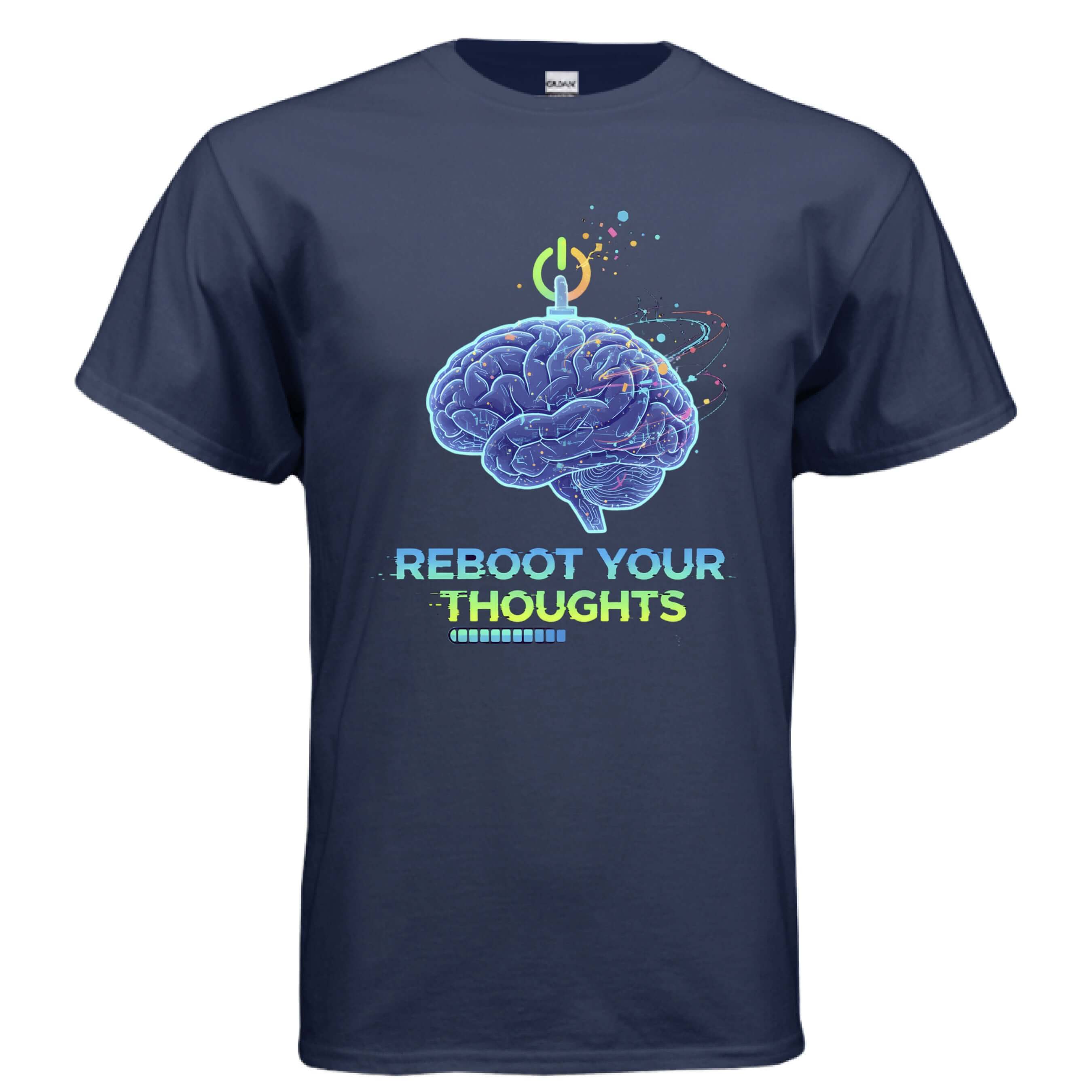 Obsidian Code Reboot Your Thoughts Tee featuring a graphic of a brain and vibrant colors on a beige shirt.