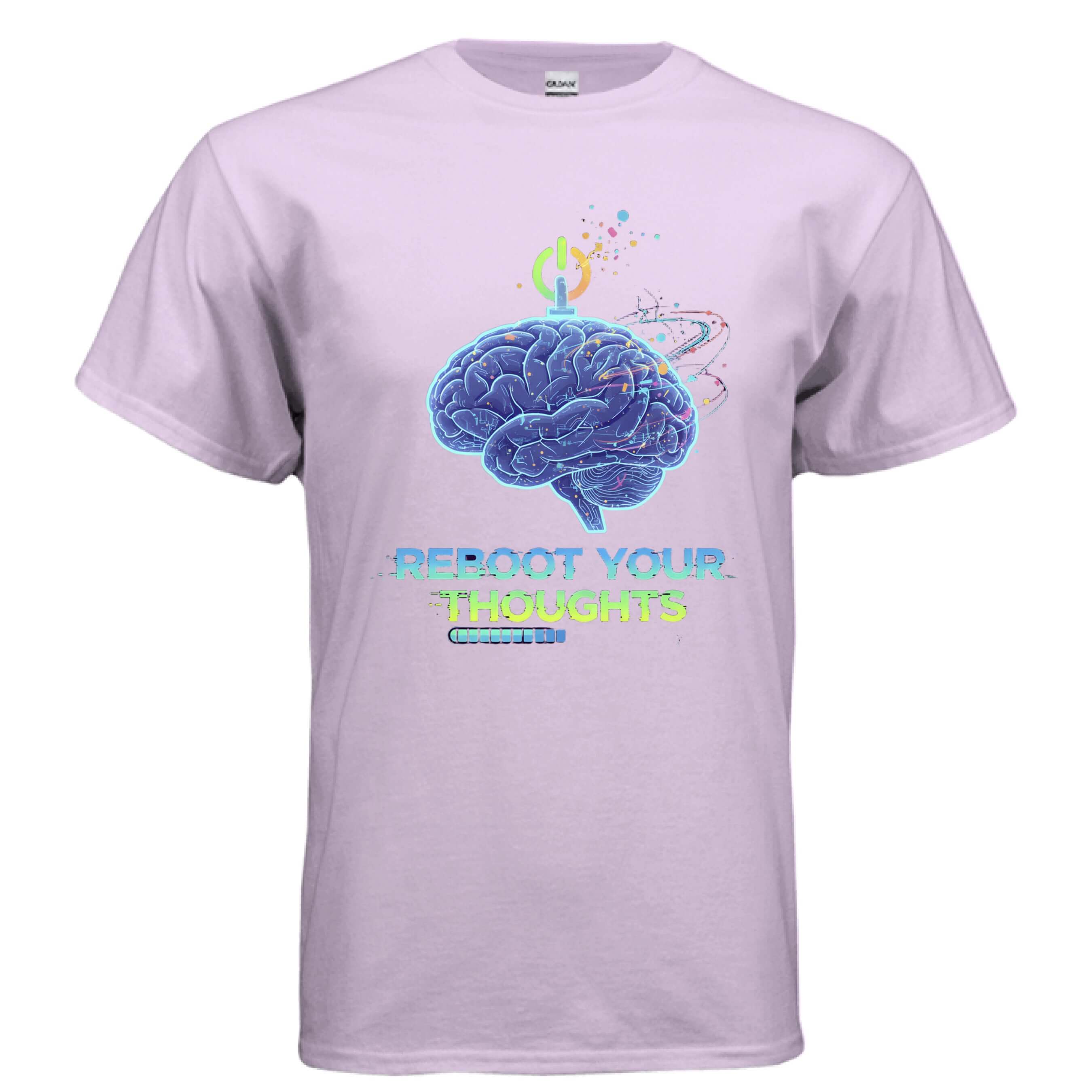 Obsidian Code Reboot Your Thoughts Tee featuring a graphic of a brain and vibrant colors on a beige shirt.