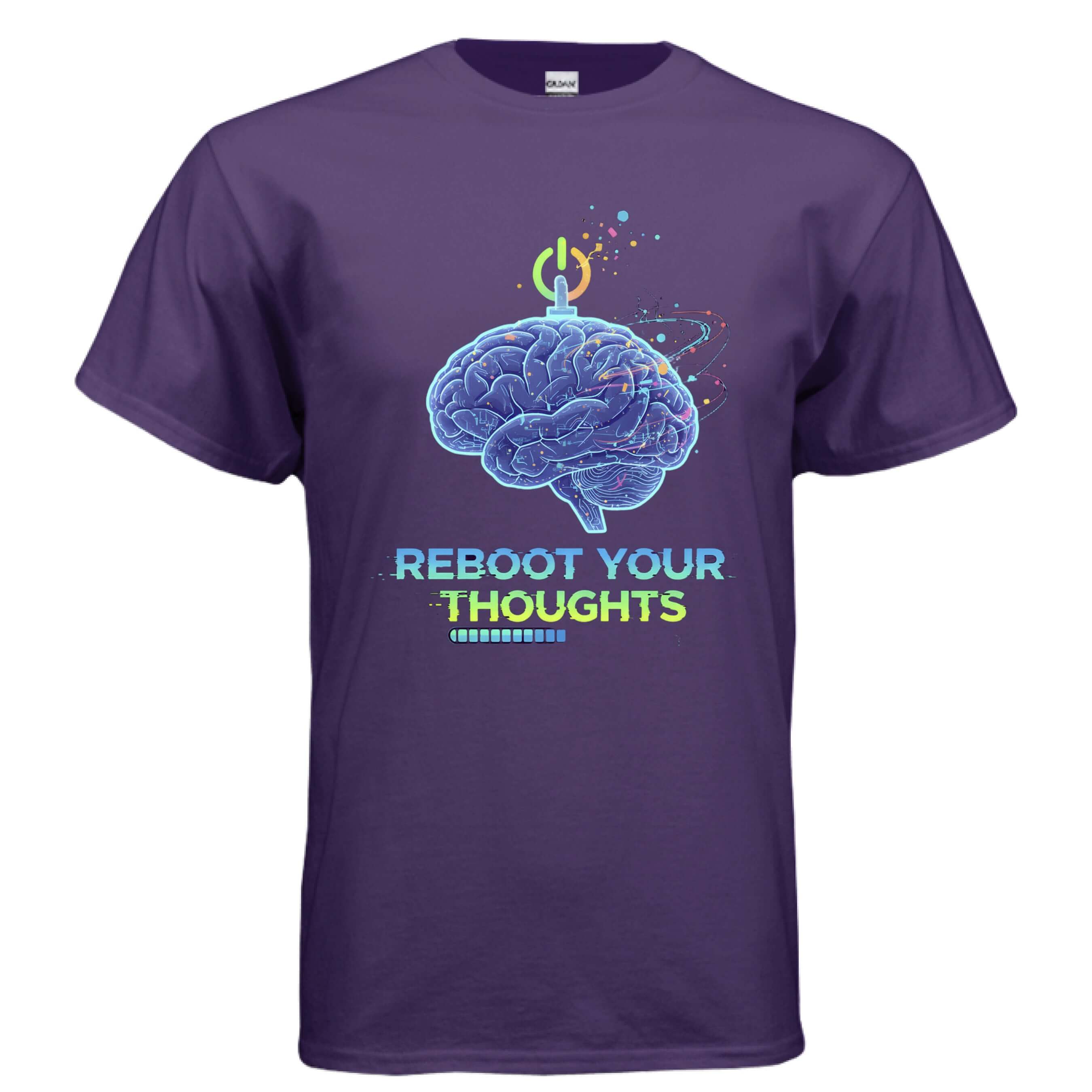 Obsidian Code Reboot Your Thoughts Tee featuring a brain graphic on a purple shirt.