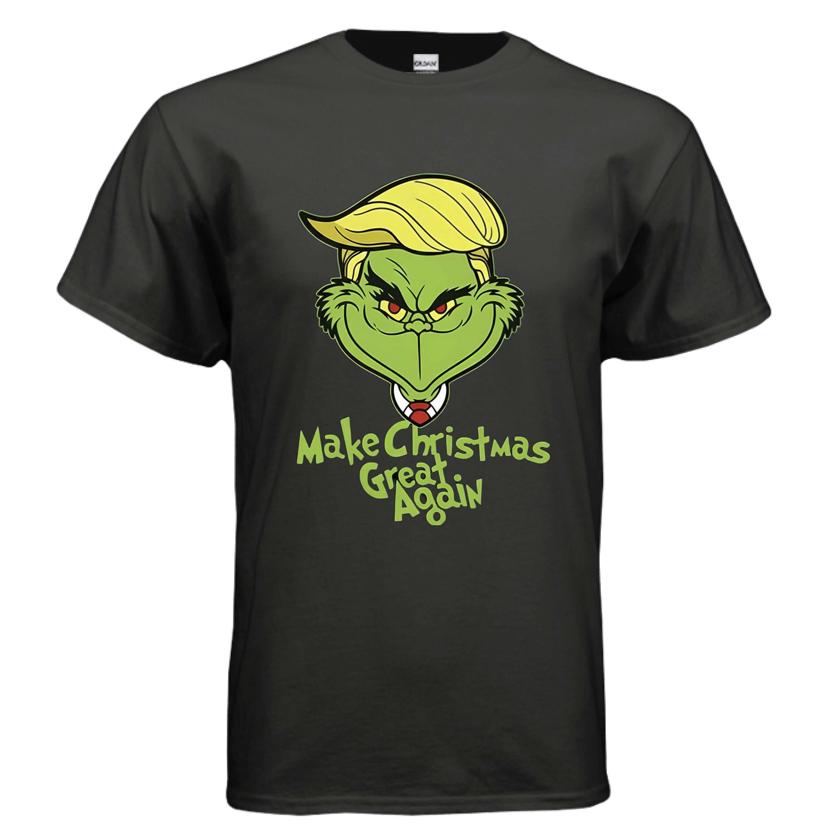 OBSIDIAN CODE Trump Grinch Holiday Tee featuring a playful design with 'Make Christmas Great Again' text.