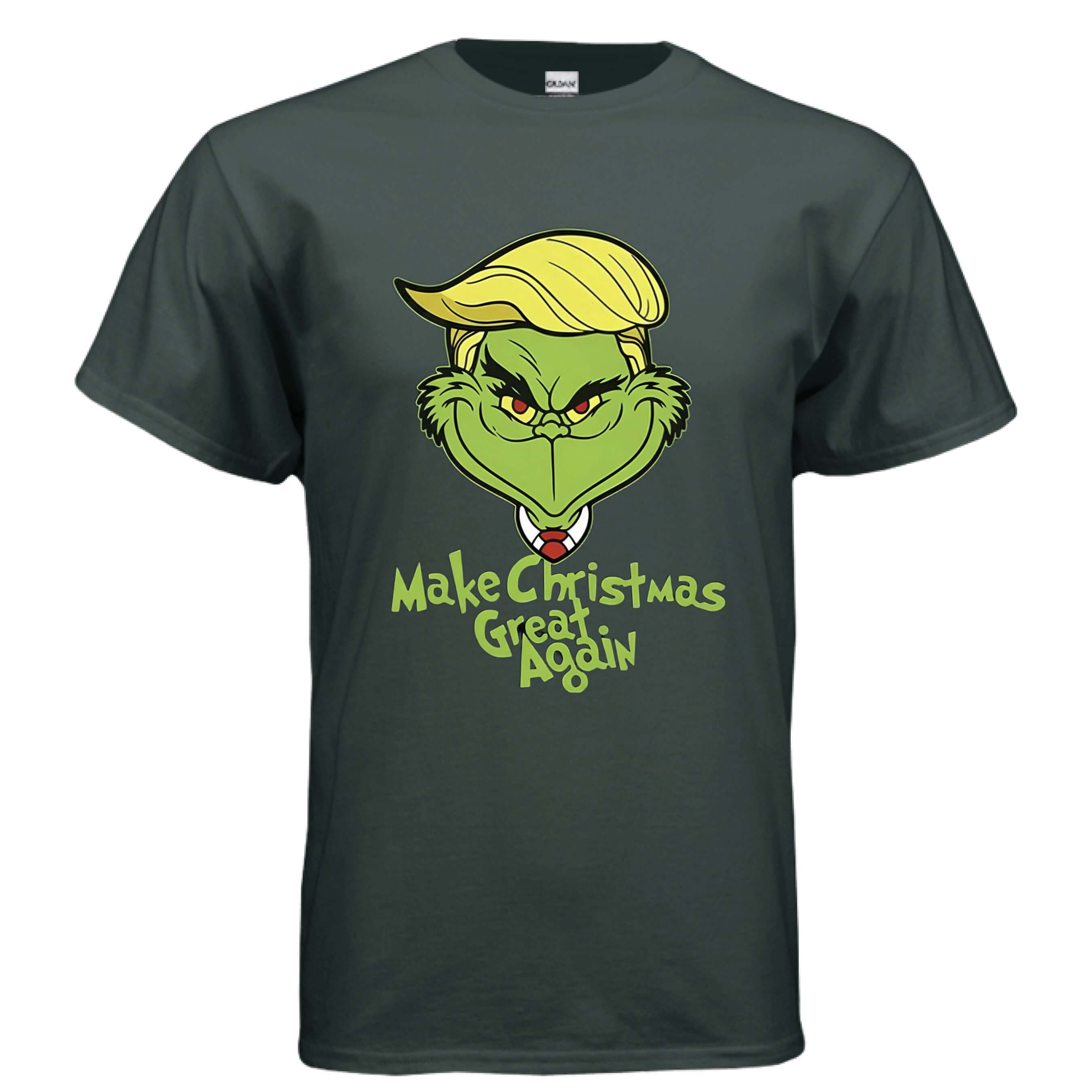 OBSIDIAN CODE Trump Grinch Holiday Tee featuring a playful design with 'Make Christmas Great Again' text.